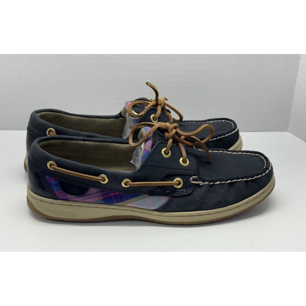 Sperry Top Sider Bluefish Leather Boat Shoes Women's Size 8.5M Navy Pink Plaid